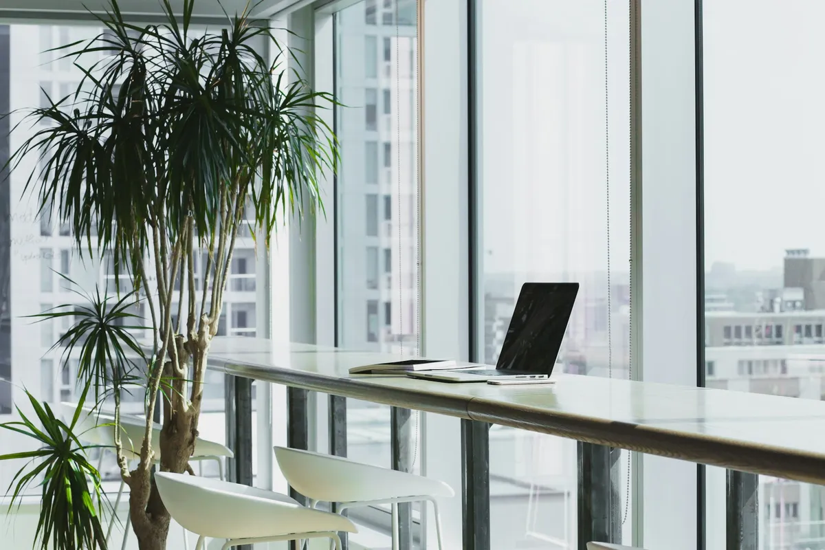Bright office workspace with a laptop by the window
